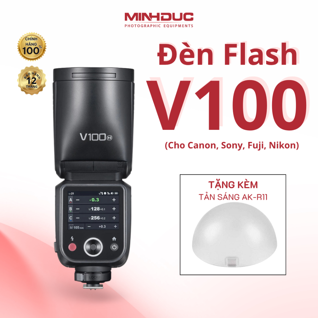 Đèn flash Godox V100 cho Canon, Sony, Nikon, Fuji Chính hãng (Minh Đức)