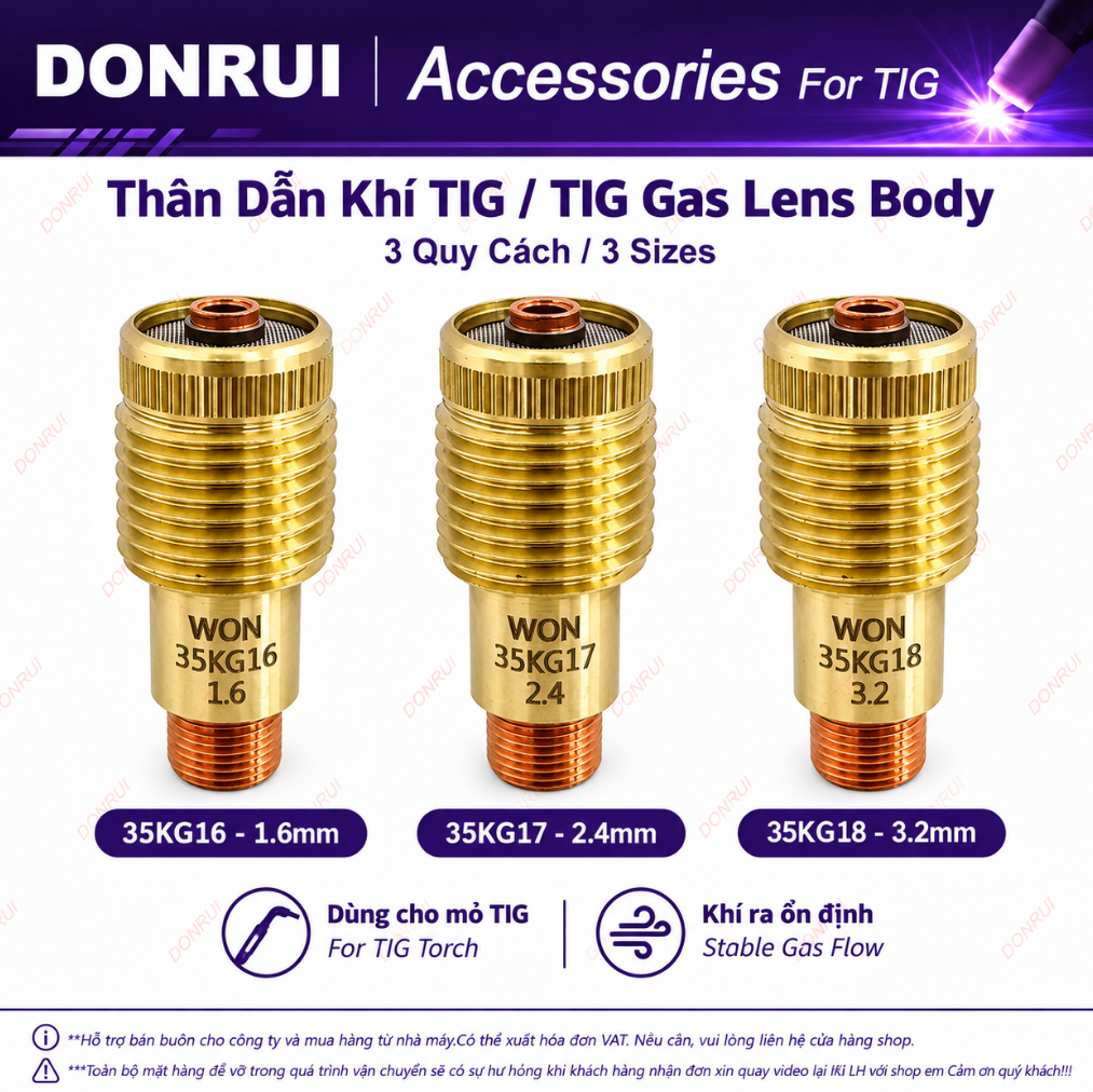 Lọc Khí TIG Thoát khí WONTECH WON 35KG16 35KG17 35KG18, 1.6mm 2.4mm 3.2mm, Dùng Cho Mỏ Hàn TW-350A