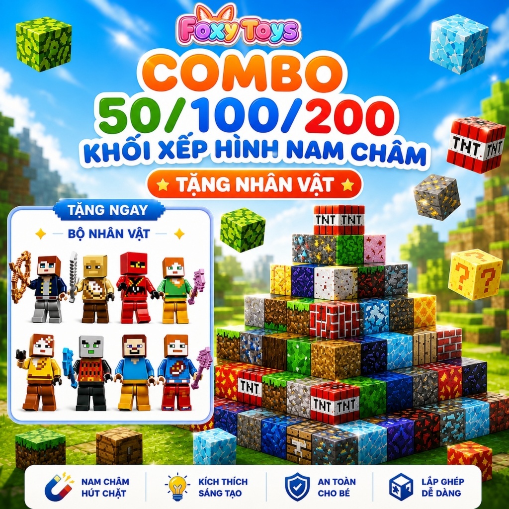 [Hàng cao cấp]Combo 50 100 200 khối nam châm xếp hình 2cm cho bé TẶNG kèm nhân vật đồ chơi lắp ghép