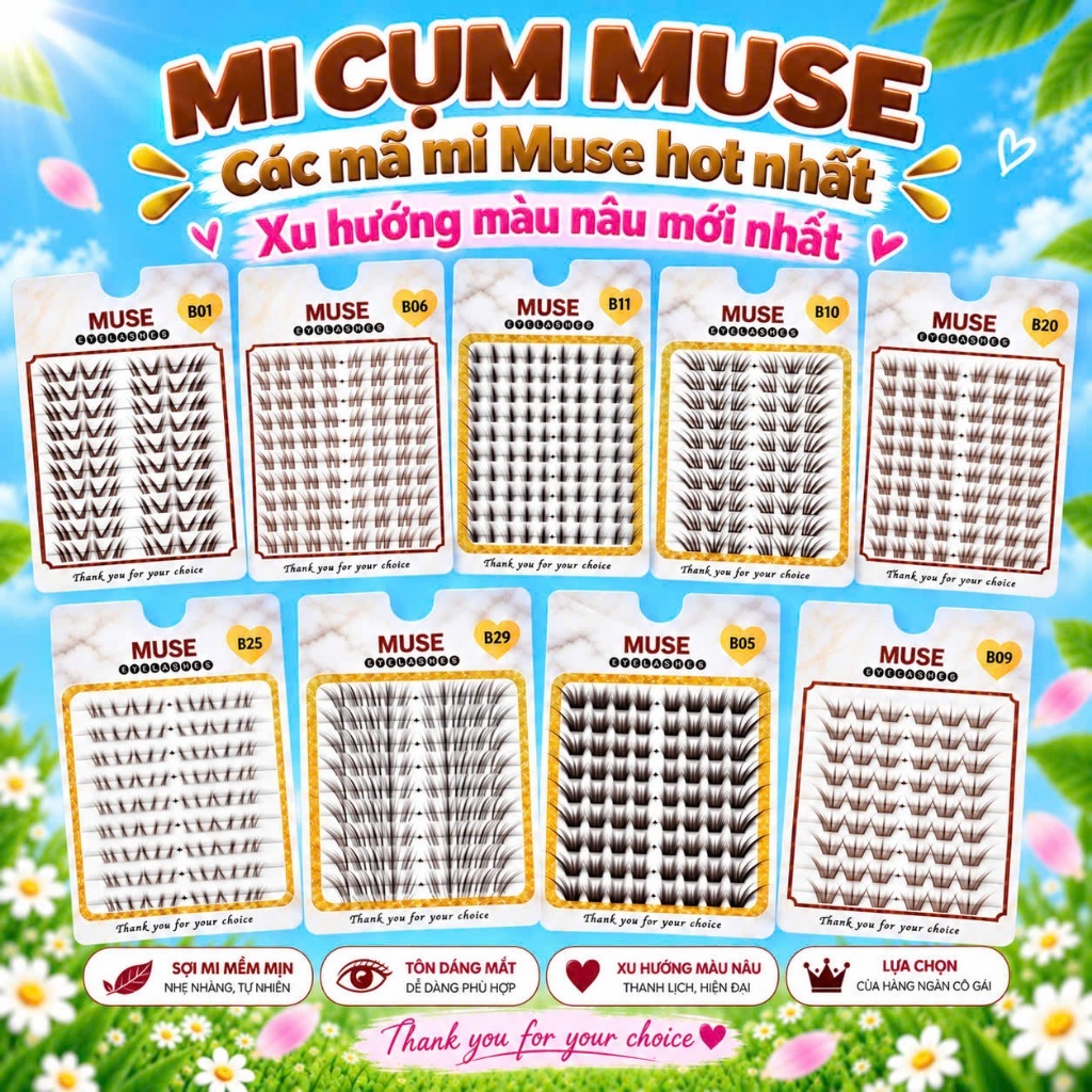 10 hàng - Lông Mi Giả, Mi Rời, Mi Cụm Không Sẵn Keo MUSE Mi Xu Hướng Màu Nâu, Top Bán Chạy Hiện Nay-NM