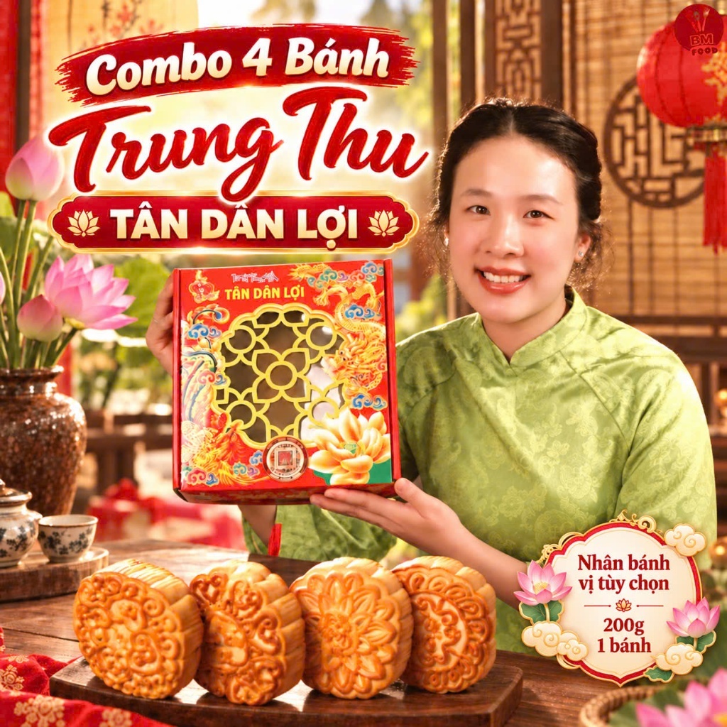 COMBO 4 Bánh Trung Thu Tân Dân Lợi 200gr 2 Trứng Muối - Vị Tùy Chọn