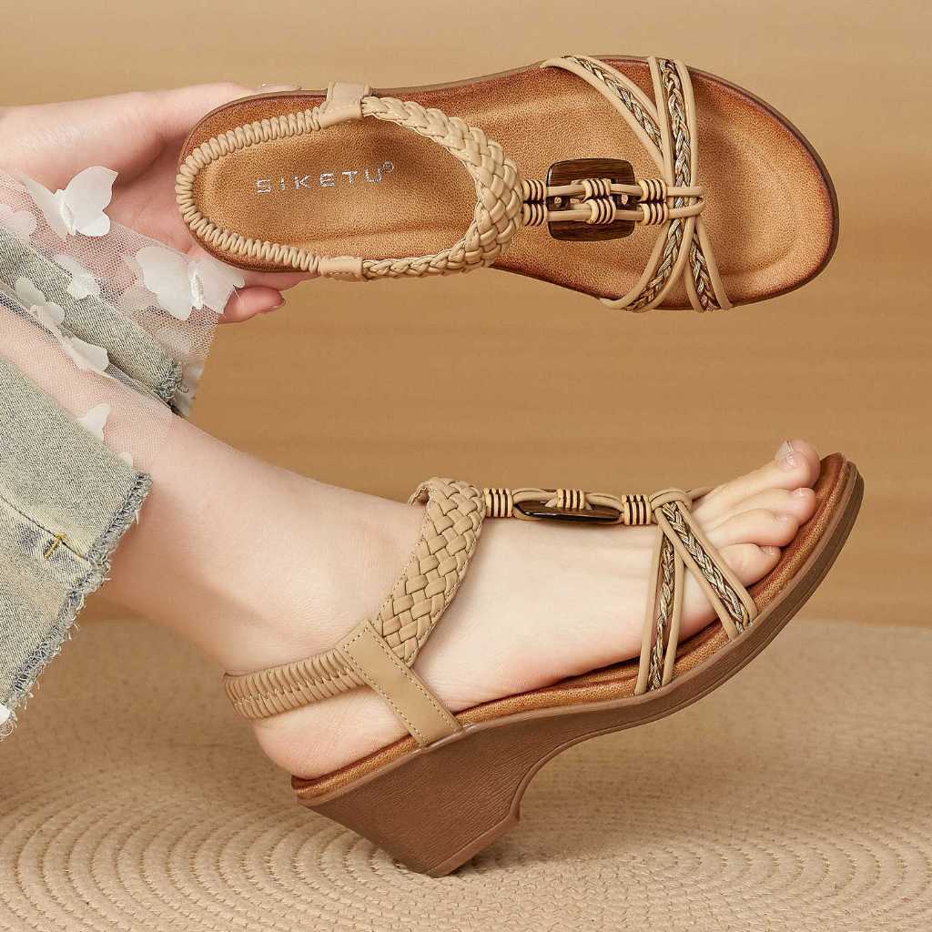 Sandal Siketu quai chéo đính hạt gỗ, đế xuồng 5cm (order 35-41)