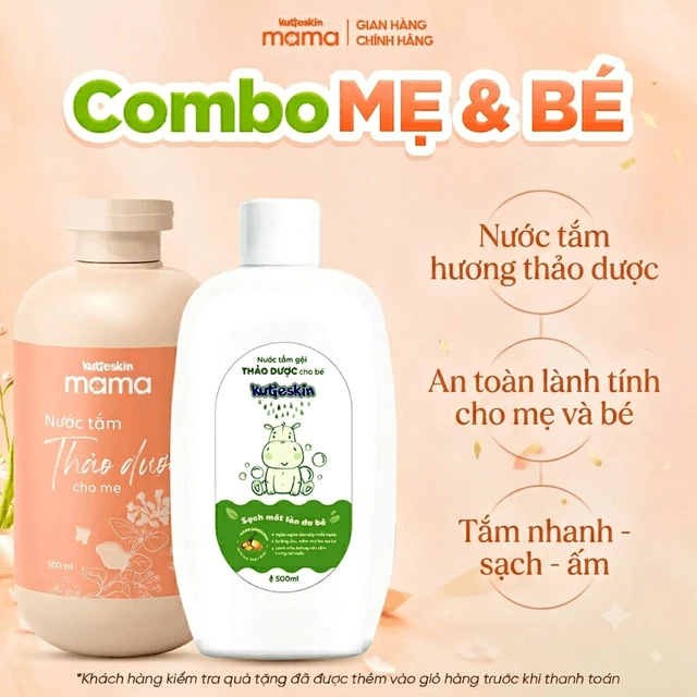 [COMBO MẸ & BÉ] Nước Tắm Thảo Dược Cho Mẹ Và Bé Kutieskin Mama An Toàn Lành Tính KMN03+KNT10