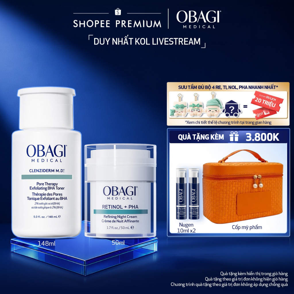 [Obagi - Lucie] Bộ đôi Kem Dưỡng Đêm Obagi Retinol + PHA 50ml và Toner Obagi Clenziderm M.D. Exfolia