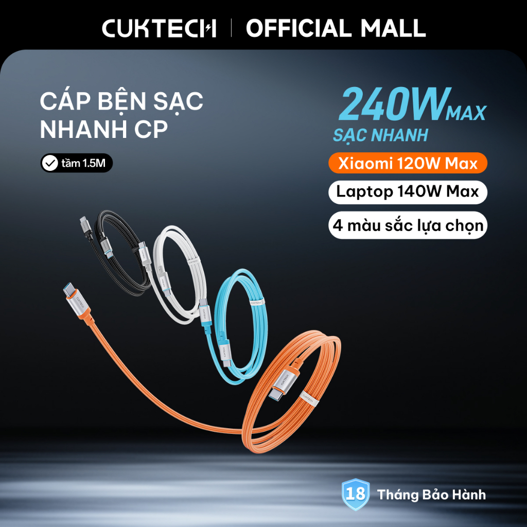 Cáp Sạc Nhanh CUKTECH CP Bọc Dù 6A 240W Type-C to Type-C Phù Hợp cho iPhone 17/Xiaomi/Samsung/Vivo