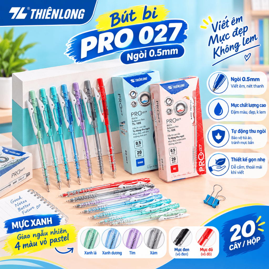 Combo 20 Bút bi Thiên Long Pro 027 ngòi cao cấp 0.5mm, thân bút màu pastel…