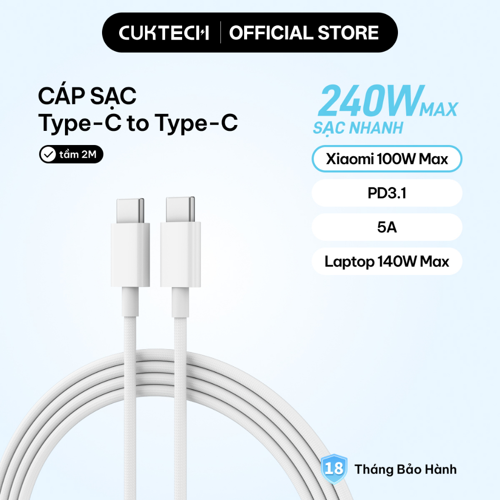 CUKTECH Cáp Sạc Nhanh 240W 5A Type-C to Type-C Hỗ Trợ Xiaomi 100W PD3.1 cho iP16/15, MacBook Samsung