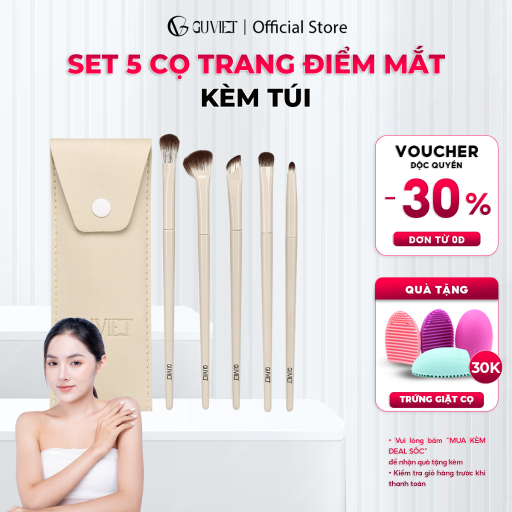 Bộ cọ trang điểm mắt GUVIET màu trắng gồm 5 cọ đi kèm túi da đựng cọ
