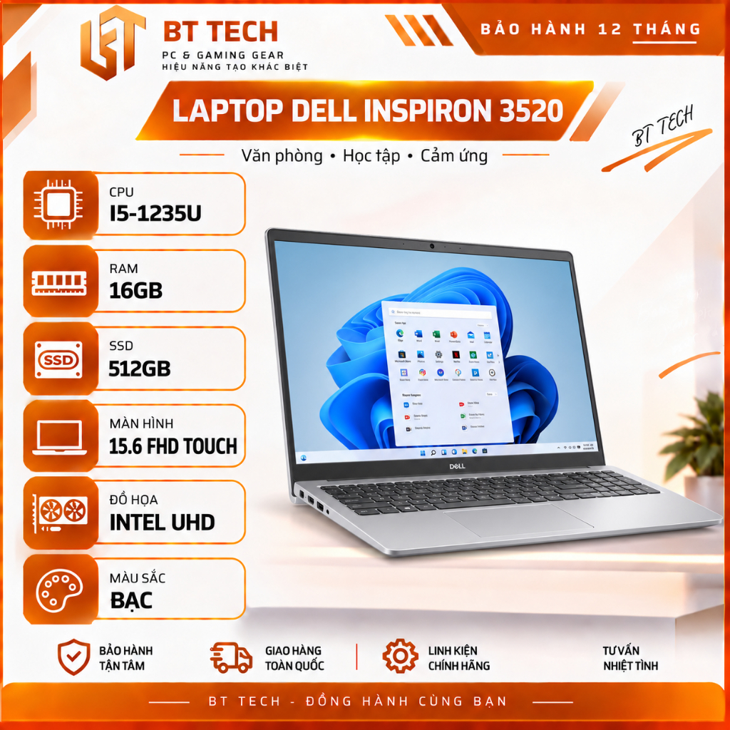 Laptop Dell Inspiron 3520 i5-1235U 16GB 512GB SSD 15.6 FHD Touch Win 11 - Bảo Hành 12 Tháng