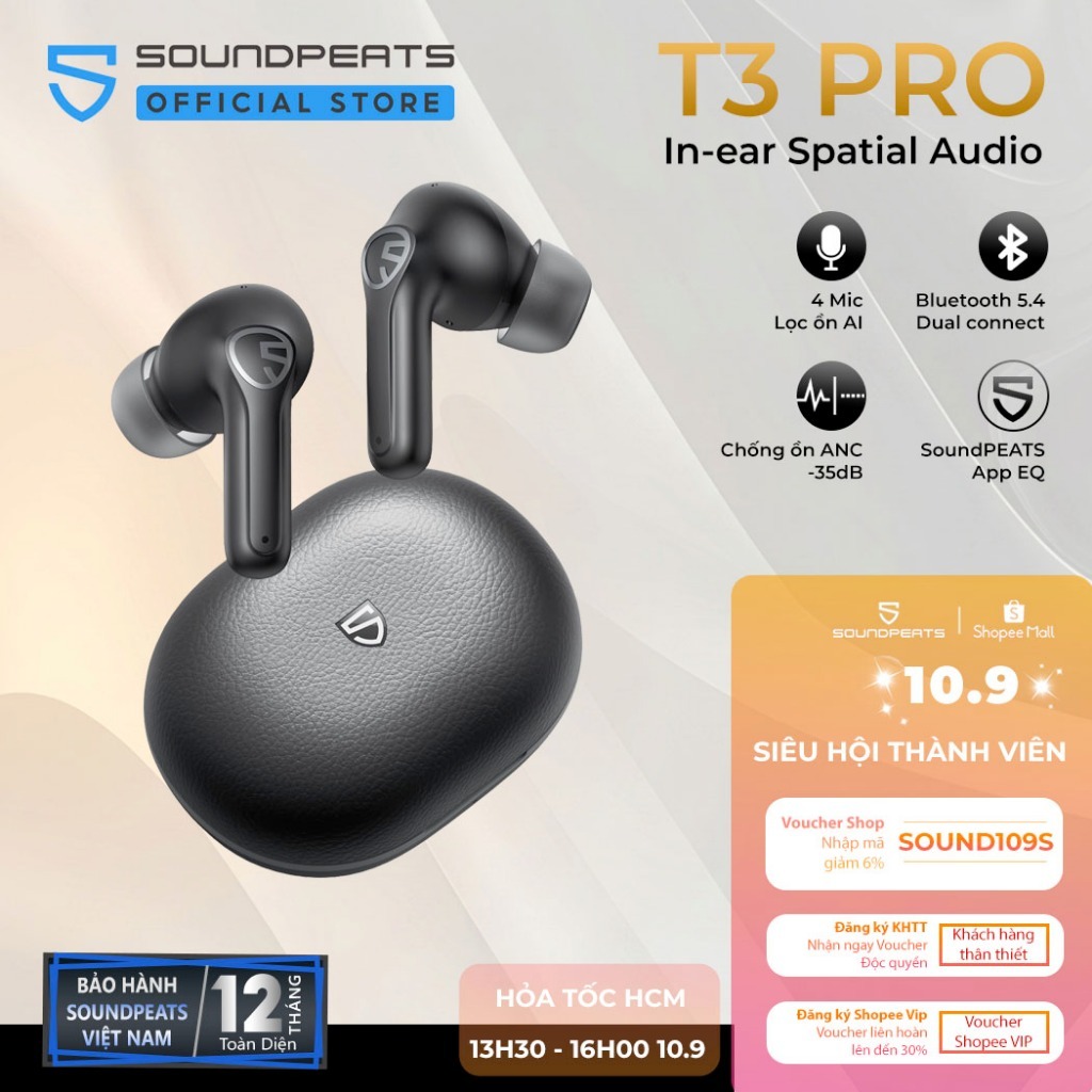 Tai nghe True Wireless SoundPEATS T3 Pro ANC Spatial Audio Bluetooth 5.4