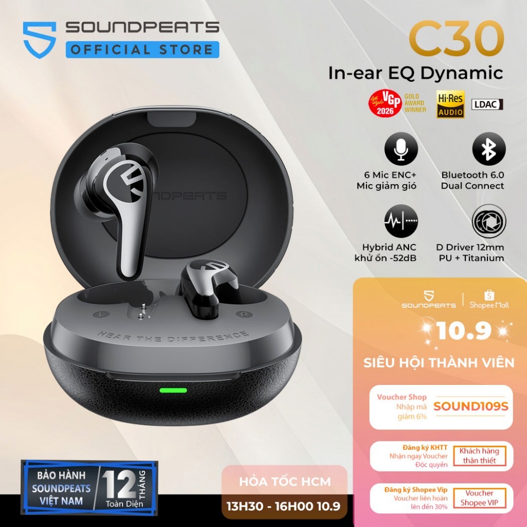 Tai Nghe True Wireless ANC SoundPEATS C30 Chống ồn -52dB Hybrid | Hires LDAC | 6 Mic Bluetooth 6.0