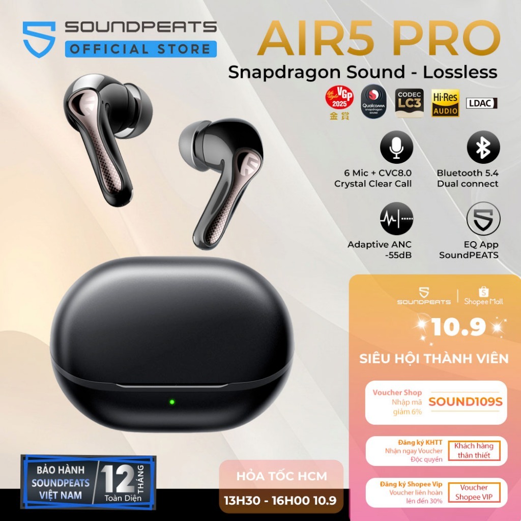 Tai nghe True Wireless SoundPEATS Air5 Pro ANC 55dB | LDAC Le Audio | APTX Lossless Bluetooth 5.4