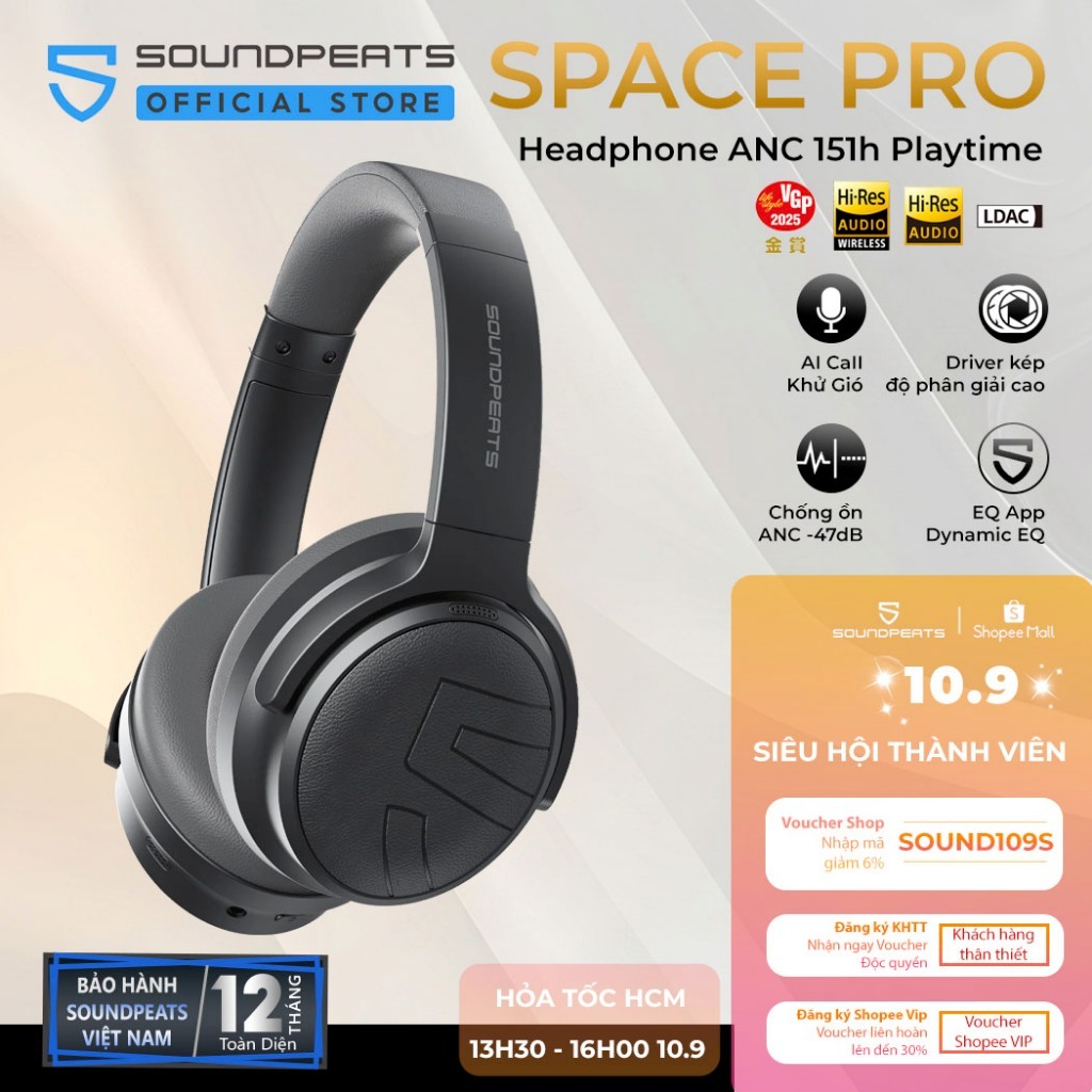 Tai Nghe Chụp Tai Bluetooth SoundPEATS Space Pro | Pin 151 Giờ | Hires Audio LDAC | Bluetooth 5.4