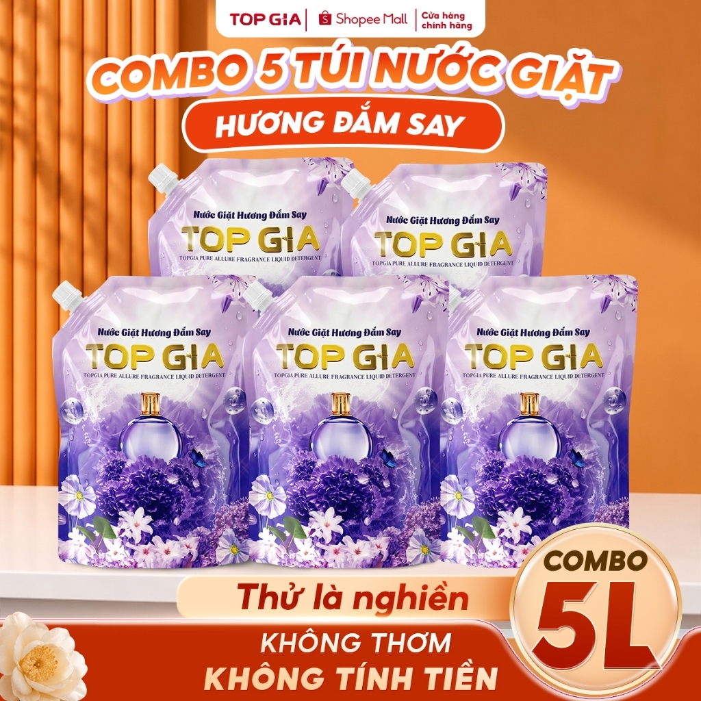[COMBO 5L] Nước Giặt Xả TopGia Hương Đắm Say Dịu Nhẹ, Làm Sạch Vết Bẩn, Lưu Hương 72H, Túi 1L