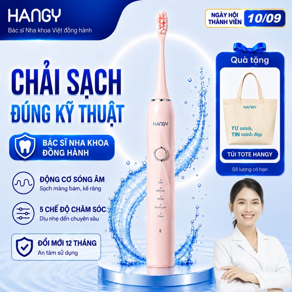 Bàn Chải Điện HANGY HY23 Pro & X1 - Công Nghệ Sonic - Động Cơ Servo Quét Rung 45 Độ