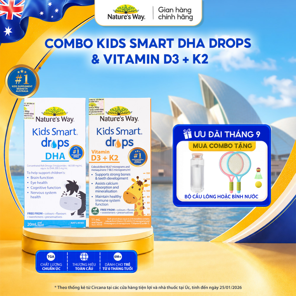 Combo Siro Uống Nature's Way Kids Smart Drops DHA Và D3K2, D3 Bổ Sung DHA, D3+K2, Hỗ Trợ Phát Triển 