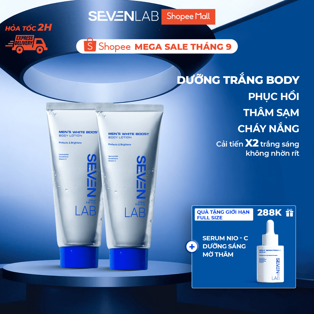 Sữa dưỡng thể trắng da nam giới SEVENLAB 250gram không nhờn dính, mờ thâm, đều màu da vượt trội