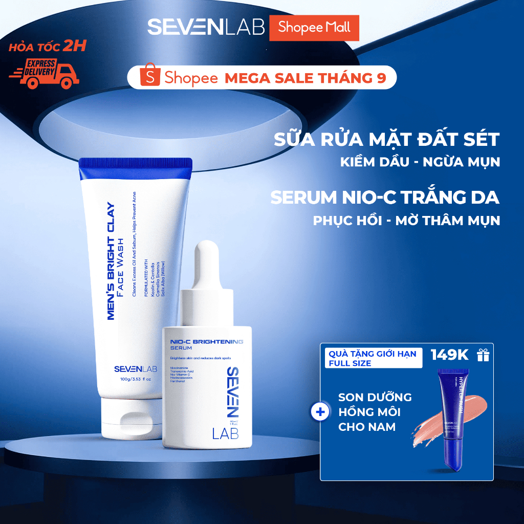 Combo serum dưỡng trắng sáng da và sữa rửa mặt giúp ngừa mụn nam giới SEVENLAB kiểm soát dầu, mờ thâ