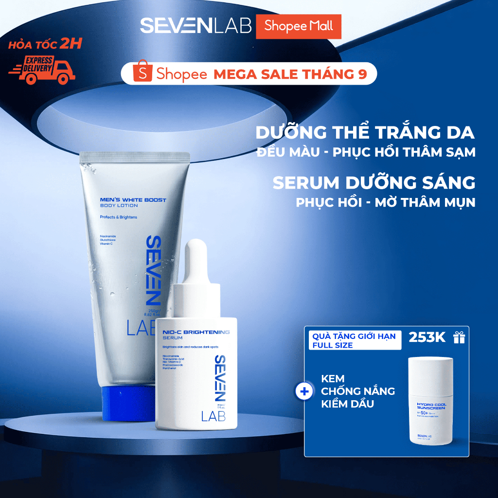 Combo sữa dưỡng thể và serum trắng da nam giới Nio-VitaminC SEVENLAB hỗ trợ mờ thâm, giúp sáng da vư