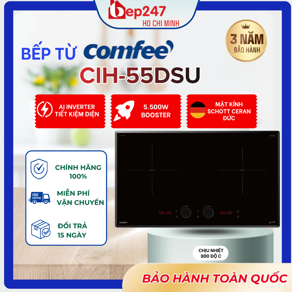 Bếp từ đôi Comfee CIH-55DSU (Tổng công suất 5500W) - Mặt kính Kanger vát cạnh, Booster 2600W đun siê