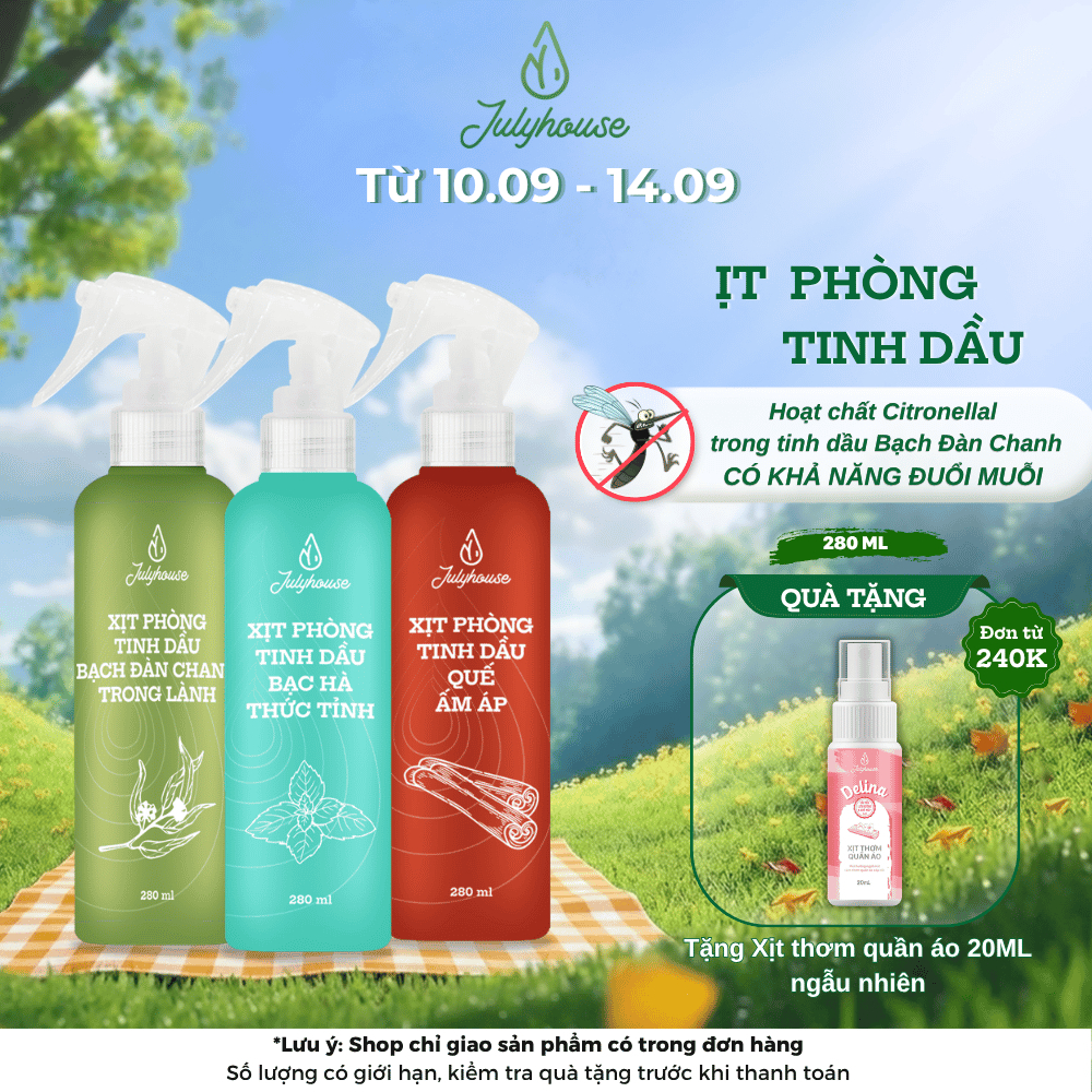 Bình xịt phòng JULYHOUSE 280ml tinh dầu Sả Chanh, Bạc Hà, Bạch Đàn Chanh, Quế, Oải Hương thơm phòng