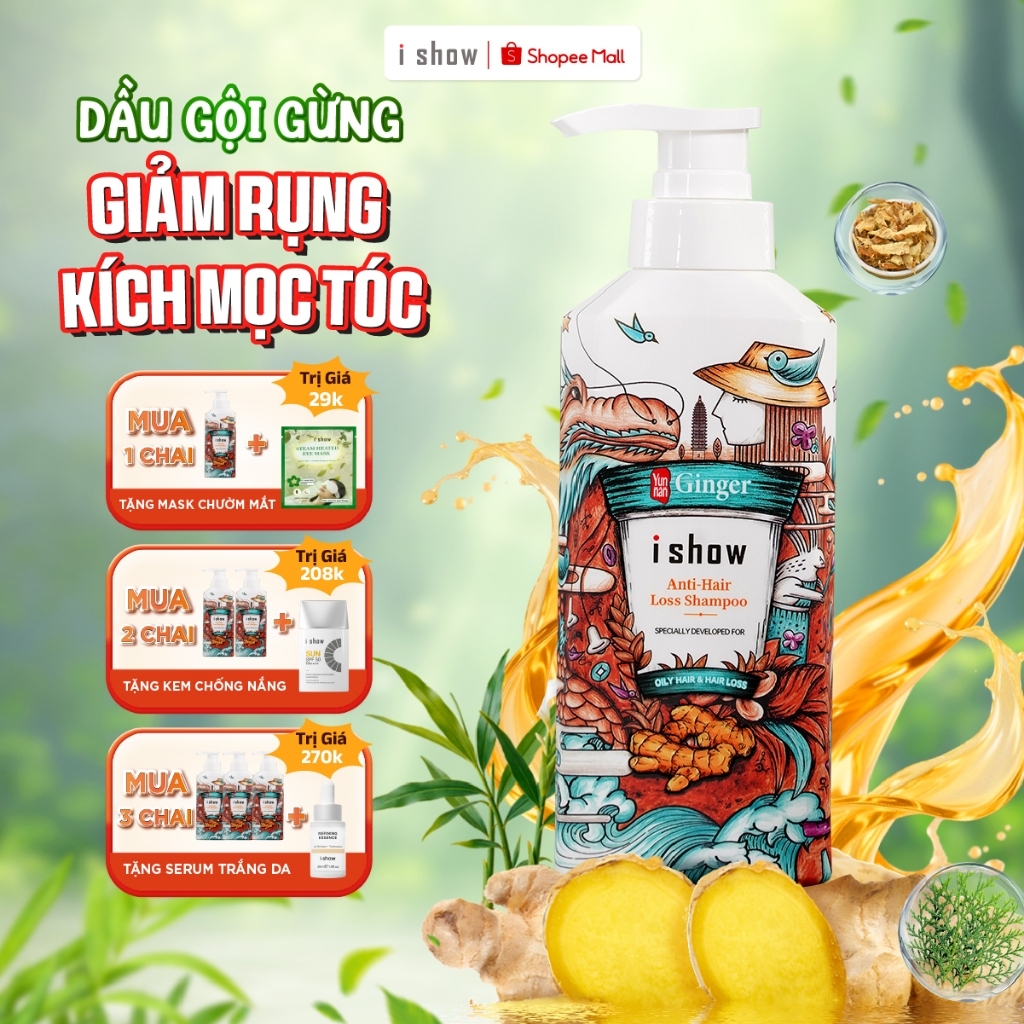 Dầu Gội Gừng Tươi I Show Giảm Rụng Tóc, Hỗ Trợ Mọc Tóc, Dưỡng Tóc Chắc Khỏe 300ml