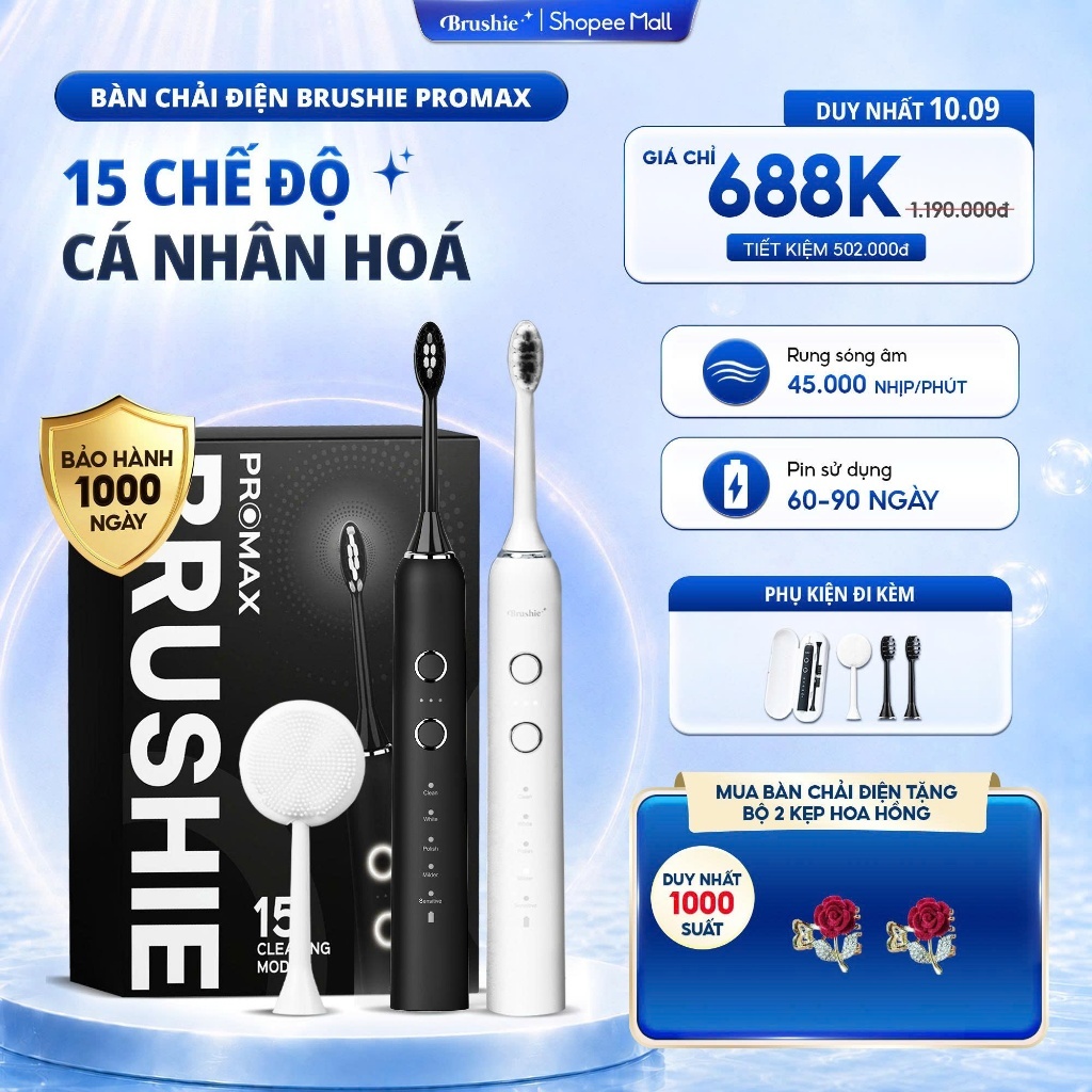 [SĂN 649K LIVE SHOP] Bàn Chải Điện BRUSHIE Promax 15 Chế Độ Làm Sạch Chuyên Nghiệp Phù Hợp Răng Nhạy