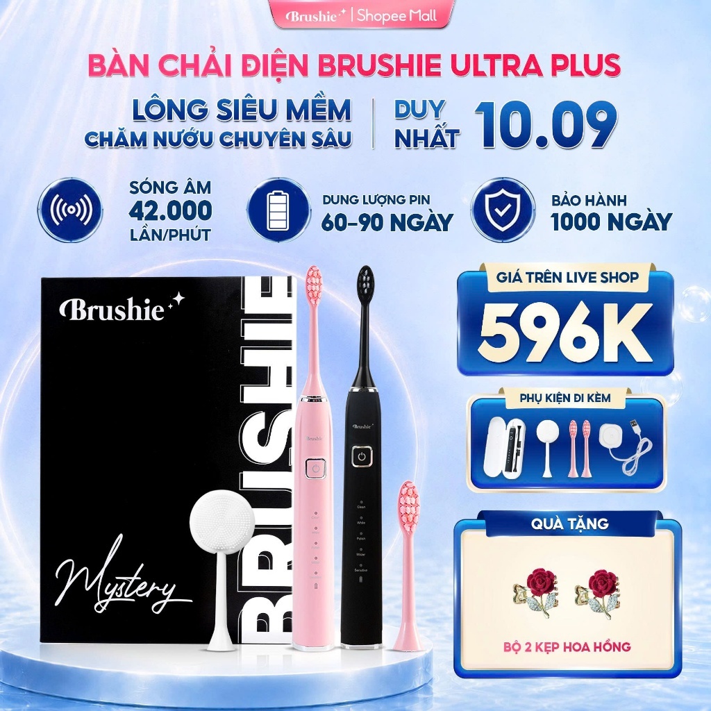 [GIÁ 595K TẠI LIVE SHOP] Bàn Chải Điện BRUSHIE Ultra Lông Mềm, Tích Hợp Máy Rửa Mặt Sạch Sâu, Dịu Nh