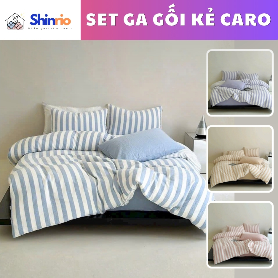 Set chăn ga gối cotton đũi kẻ sọc basic, bộ chăn ga đũi kẻ sọc 4 món mềm mại Shinrio Bedding