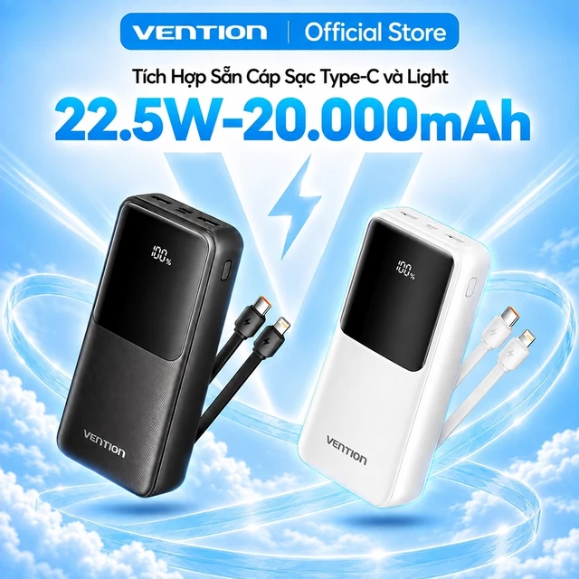 [VHL x Vention] Sạc Dự Phòng 22.5W Vention 20000mAh,Có Sẵn Dây Cáp Type C Và Light Cho Điện Thoại, Tai Nghe