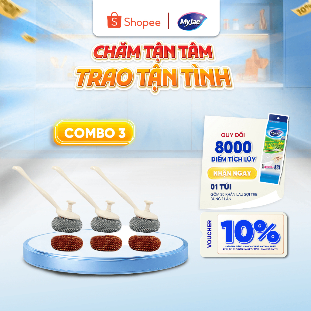 COMBO 3 Chổi Cọ Xoong Nồi Kèm 2 Miếng Cọ Nồi Đa Năng Tiên Lợi MyJae