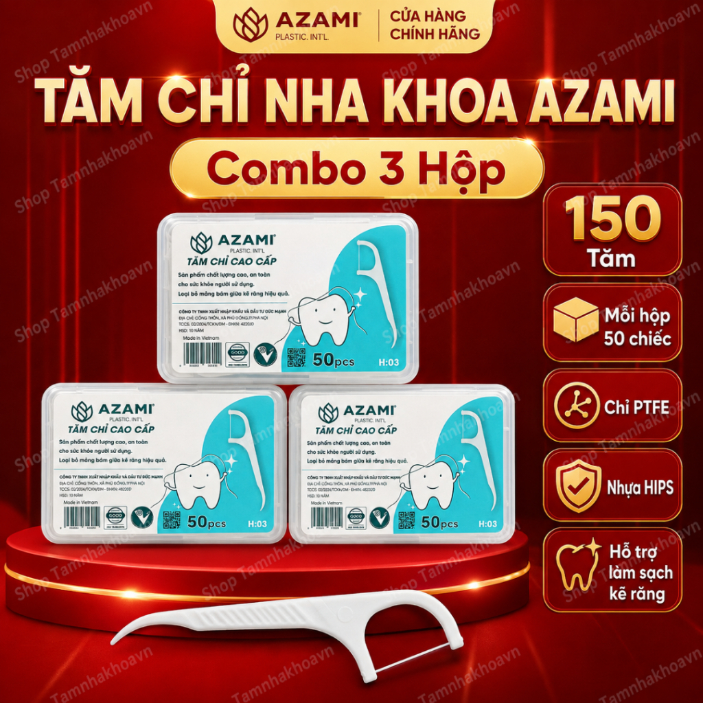 Tăm Chỉ Nha Khoa OLYMPUS AZAMI Combo 3 Hộp 150 Que Chỉ PTFE Siêu Mảnh Không Xơ
