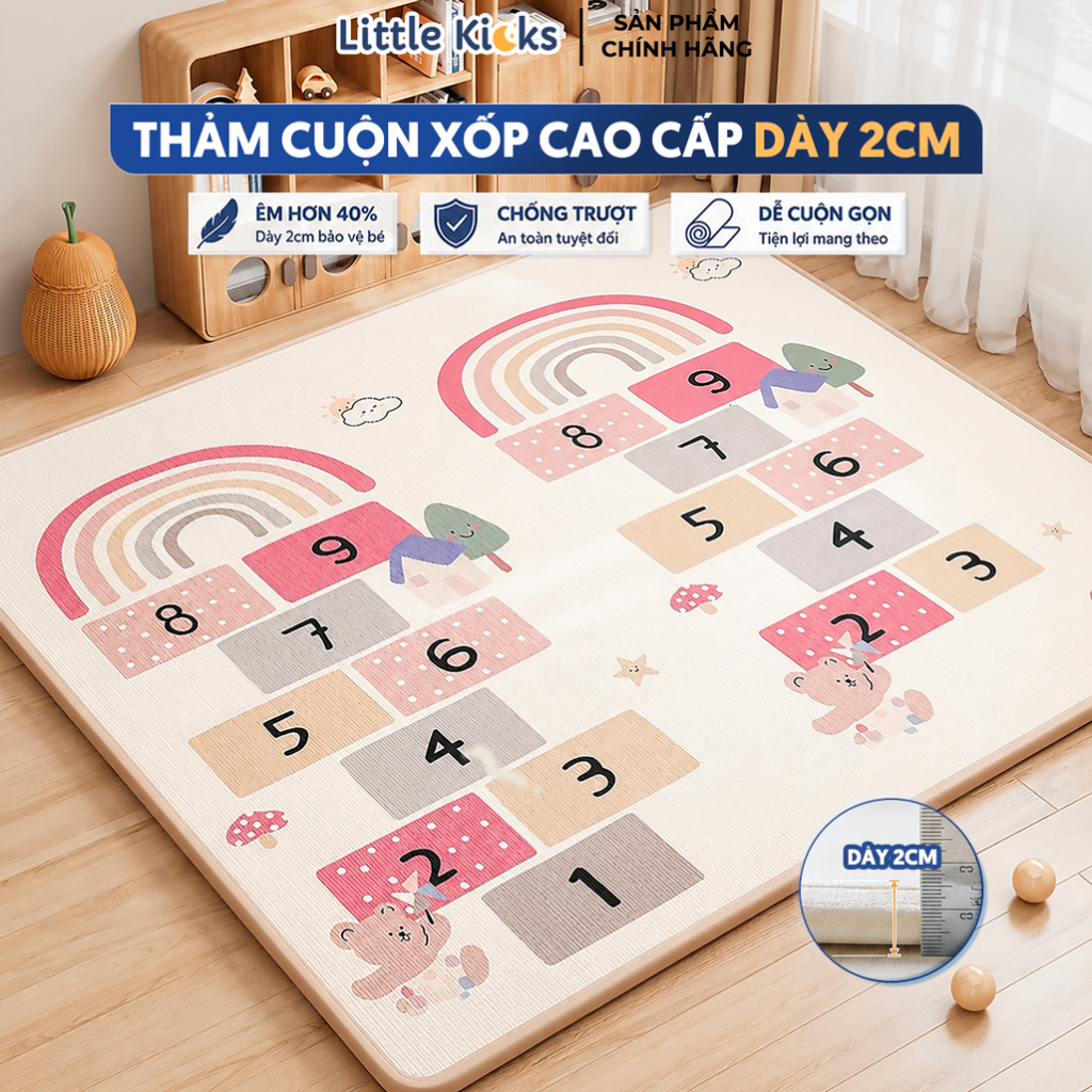 Thảm Xốp Cho Bé XPE Tập Bò Họa Tiết 2 Mặt Little Kicks, Thảm Cuộn Cao Cấp An…