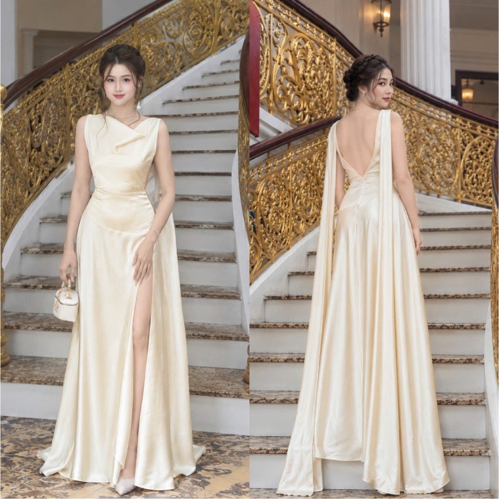 Vân Akara - Đầm Lụa Dự Tiệc Cổ Đổ Phối Choàng Y108 Sang Trọng Tôn Da Tôn Dáng Fullsize