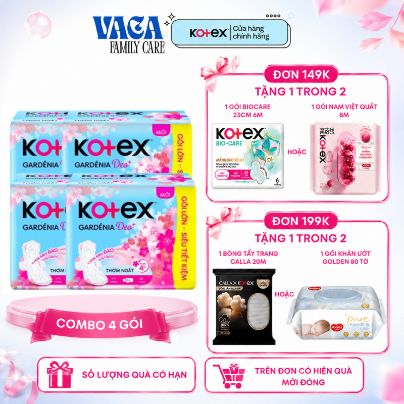 Combo 4 gói Kotex Gardenia Deo+ Hoa Anh Đào Siêu Mỏng Cánh 20 Miếng 23cm