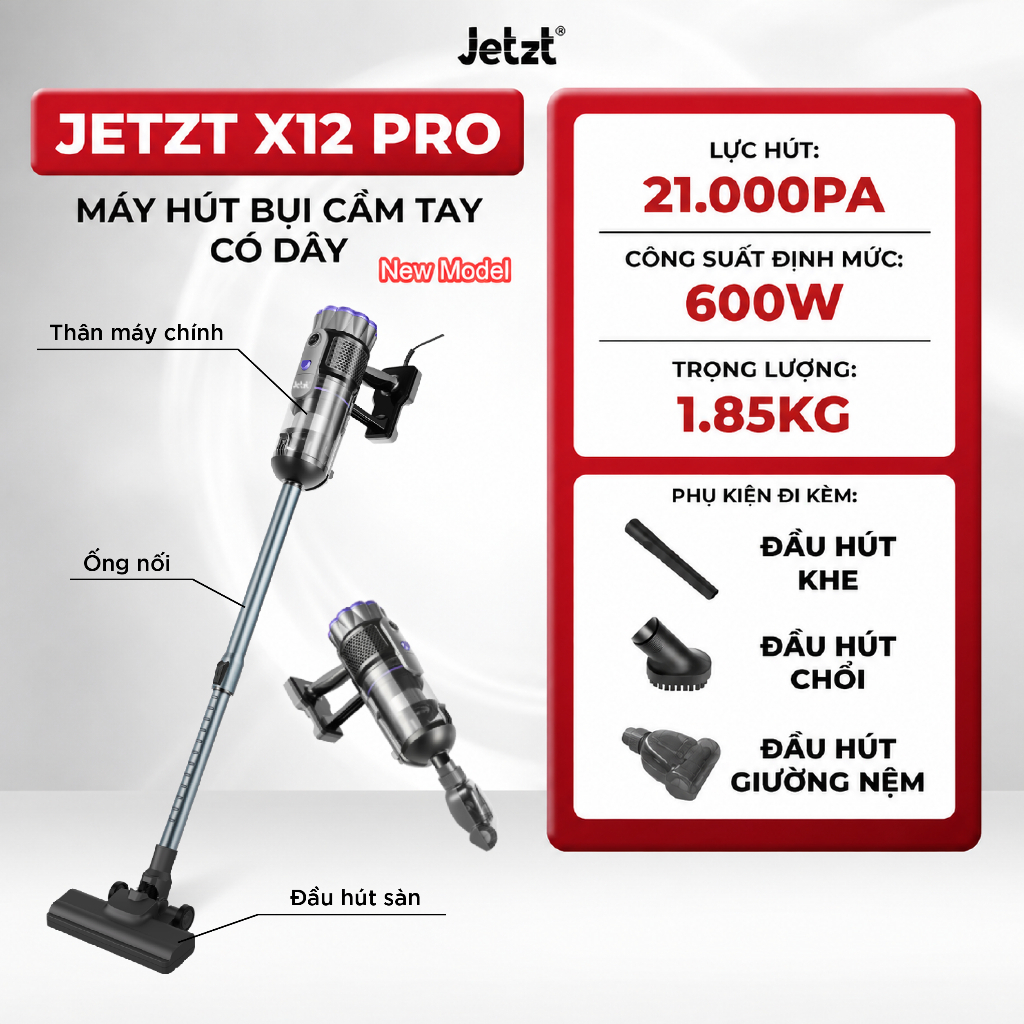 Máy hút bụi cầm tay đa năng có dây JETZT X12, lực hút 21000PA--New Model