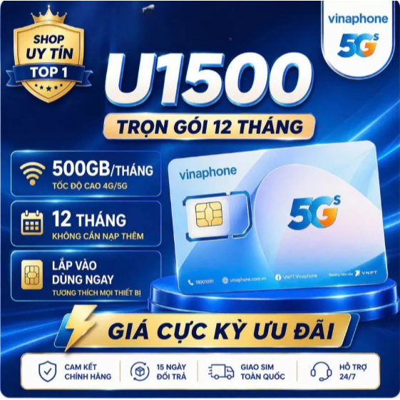 [U1500 500GB/tháng ] Sim 5G U1500 Vinaphone 500GB/tháng trọn gói 12 tháng miễn phí | Hỗ trợ Esim