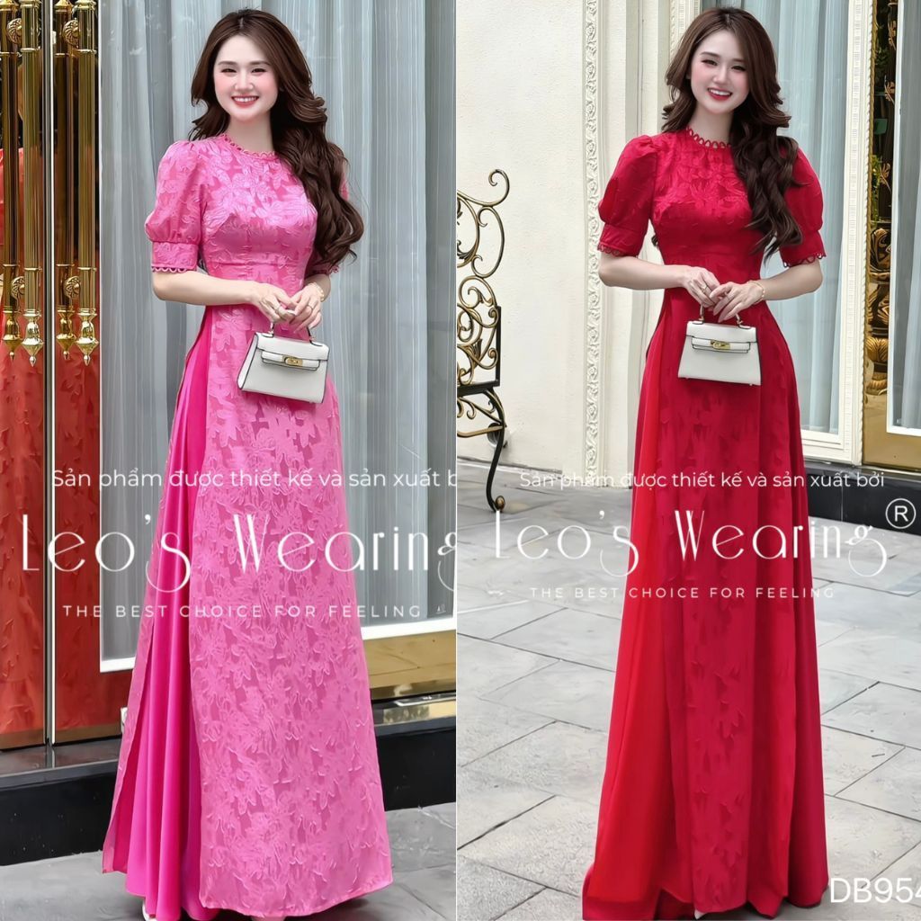 Áo Dài Tơ Tơ Dệt 4 Tà Cao Cấp LEOSWEARING, Tay Bồng Cách Điệu Kèm Quần Váy DB953
