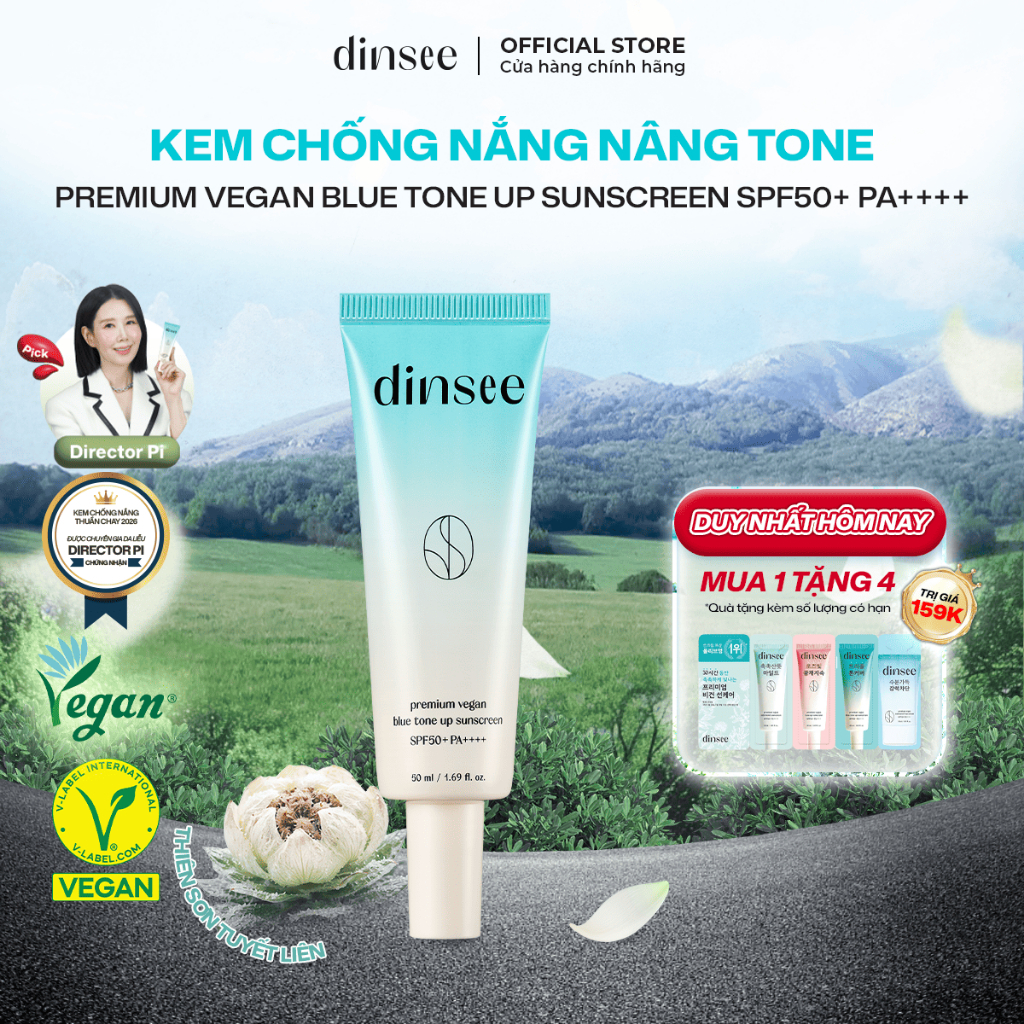 Kem Chống Nắng Nâng Tone Dinsee Premium Vegan BLUE Tone Up Sunscreen SPF50+  PA++++ (50ml) [XANH NGỌC]