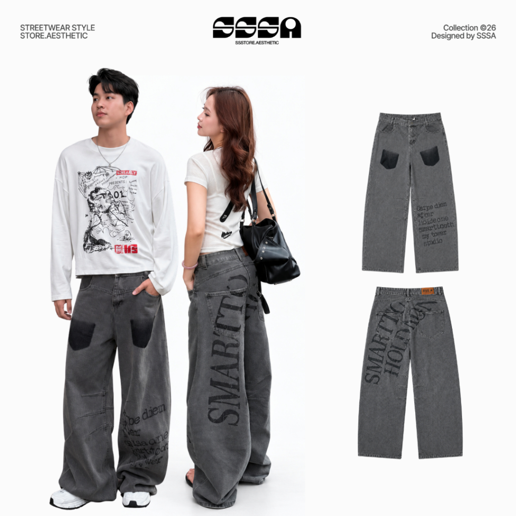 Quần Jeans Wash Túi Ghost Pocket Graphic Form Ống Cong Nam Nữ | SSSTORE.Aesthetic