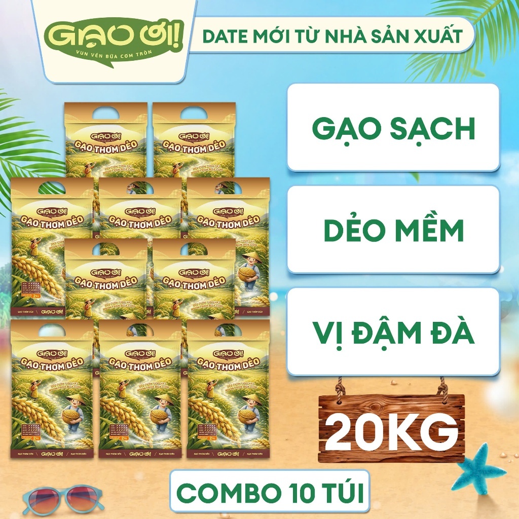 Combo 10 Túi Gạo Thơm Dẻo Mềm 2kg - Chính Hãng Gạo Ơi - Túi 2kg