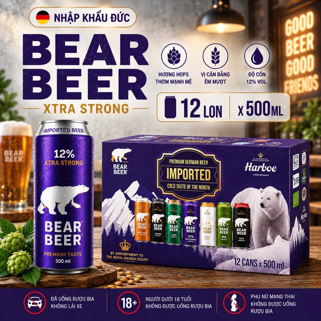 ( HỎA TỐC-HÀ NỘI ) Bia Gấu Bear Beer Xtra Strong 12% hộp 12 lon 500ML