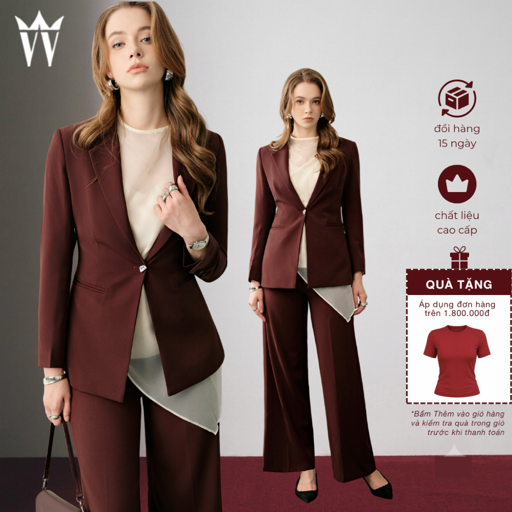 Áo Blazer Nữ Walenty Freyven Dài Tay Chiết Eo 2 Lớp Và Quần Vera Màu Nâu Công Sở Sang Trọng