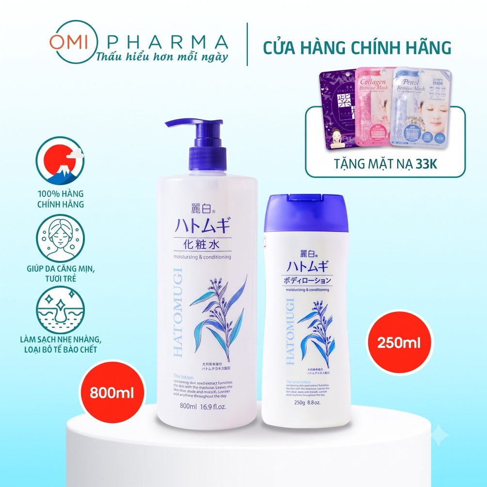 Combo Sữa Tắm Ý Dĩ 800ml Và Sữa Dưỡng Thể Trắng Da 250g Reihaku Hatomugi Nhật Bản