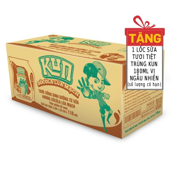 [ TẶNG 1 LỐC SỮA KUN 180ML VỊ NGẪU NHIÊN] Sữa Kun Socola Lúa Mạch Thùng 24 Túi 110Ml