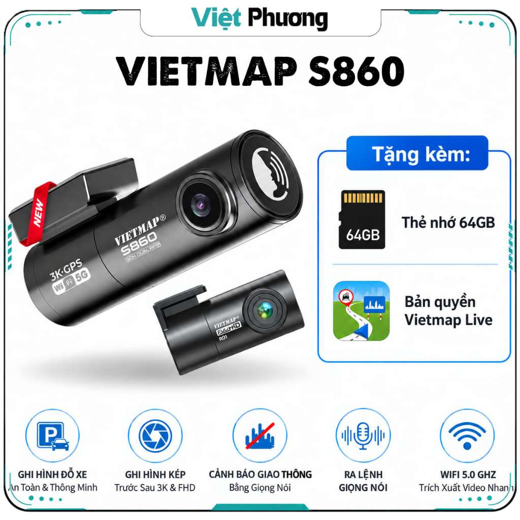 Camera Hành Trình VIETMAP S860 (KC01 Nâng Cấp) Cảnh Báo Giao Thông Bằng Giọng Nói Ghi Hình Trước Sau