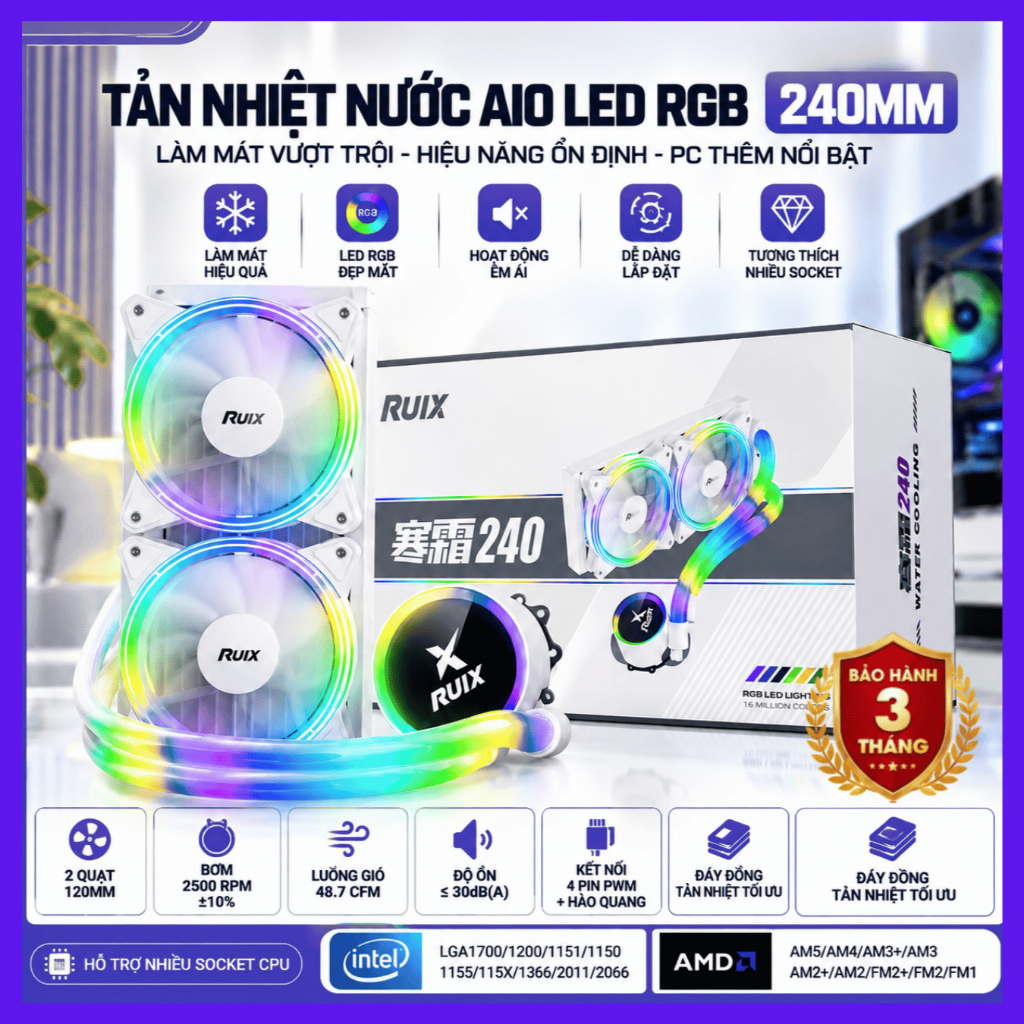 Tản Nhiệt Nước AIO Màu Trắng – Hỗ Trợ Intel LGA1700/1200/115X – AM4 – 2 Fan 120mm PWM
