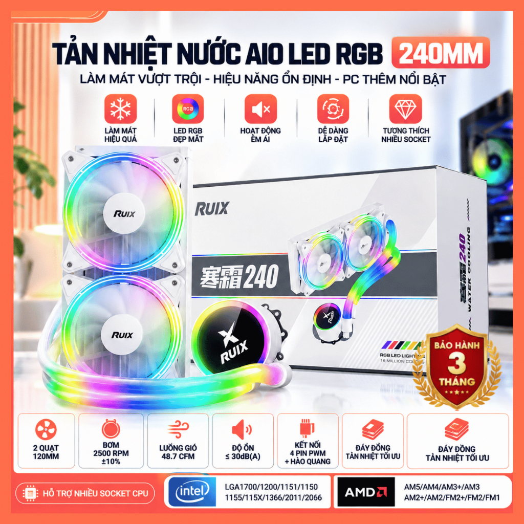 Tản Nhiệt Nước AIO Màu Trắng – Hỗ Trợ Intel LGA1700/1200/115X – AM4 – 2 Fan 120mm PWM