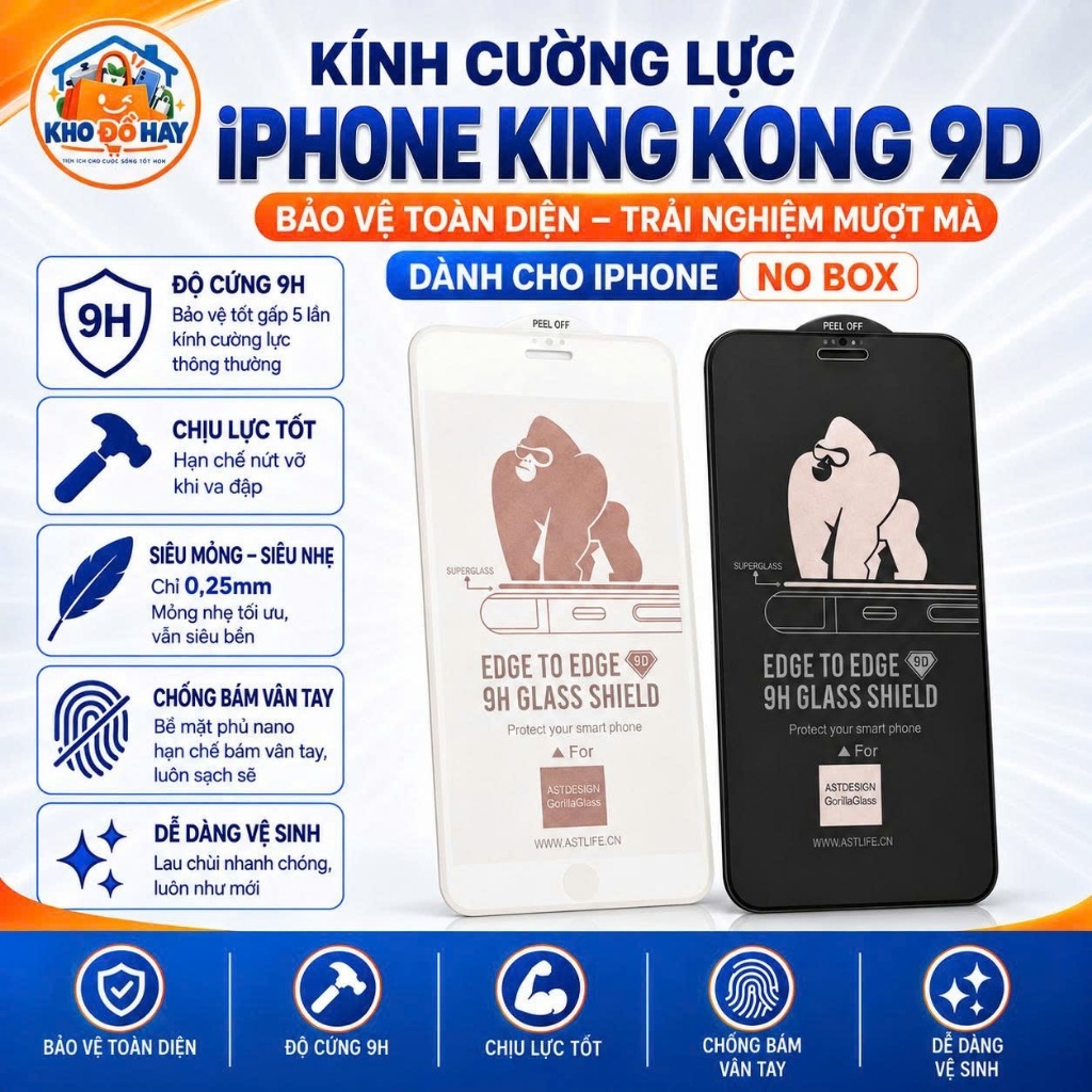 Kính Cường Lực iPhone King Kong 9D Trần Không Hộp – Full Màn Cho iPhone 6 7 8 Plus X XR XS Max 11 12 13 14 Pro Max