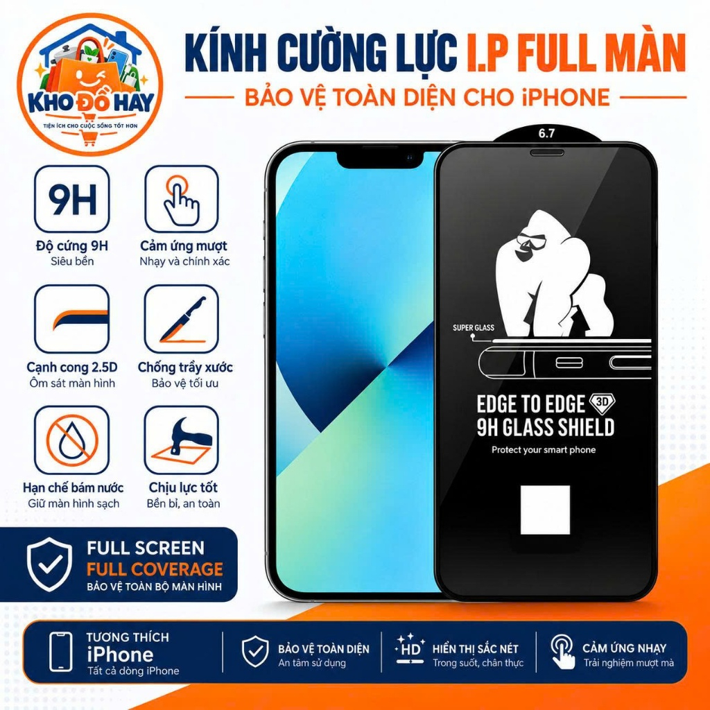Kính Cường Lực iPhone Full Màn Hình – Cho iPhone X XS 11 12 13 14 15 16 17, Pro, Max, Pro Max, Plus
